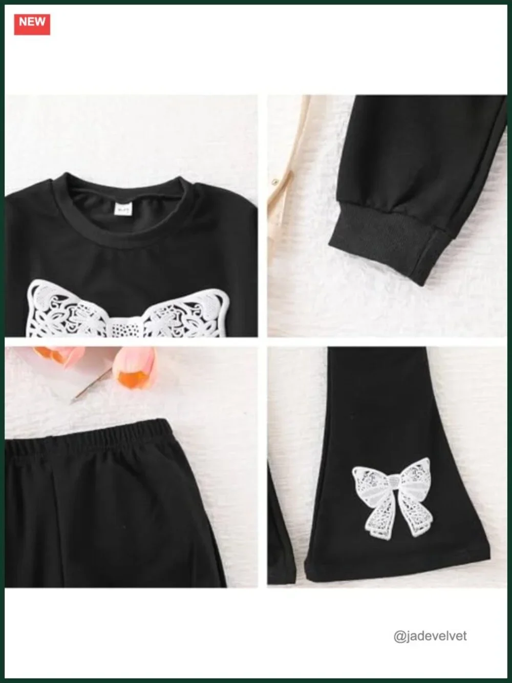 Girls Long Sleeve Lace Bow Print Sweatshirt Flared Pants 2PCS Set Size 6-14